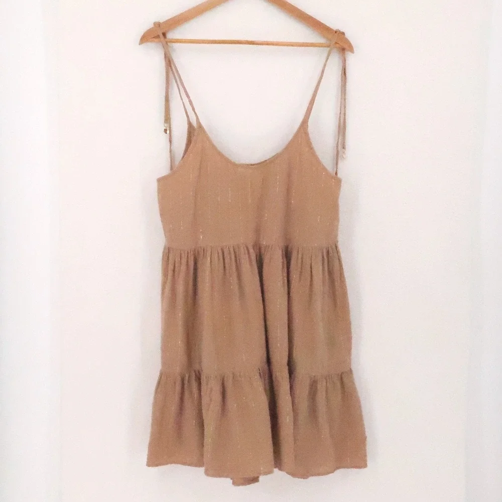 Aerie Magic Hour Boho Cover-Up Tiered Sundress Size M Tan Gold Metallic Beachy
